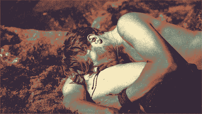 Helge sucks Baldur's bare chest, a trail of blood forming