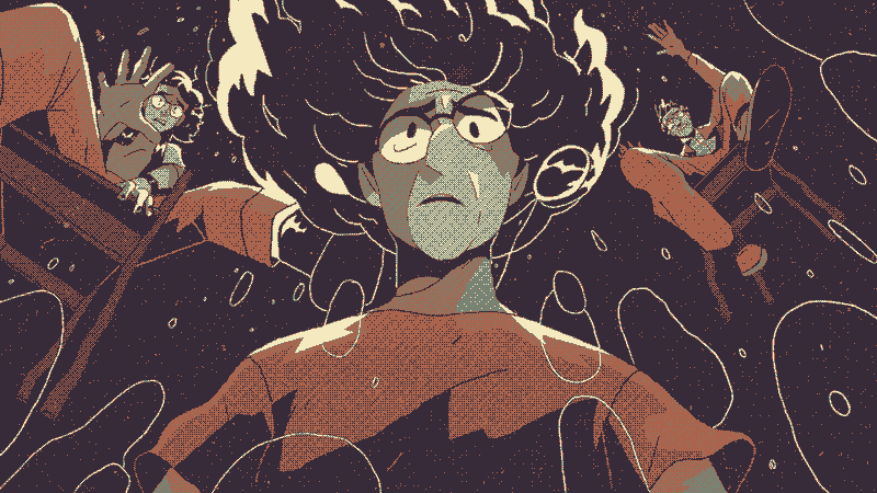 An abstracted scene where Midge is drowning, and Sarah reached out for her