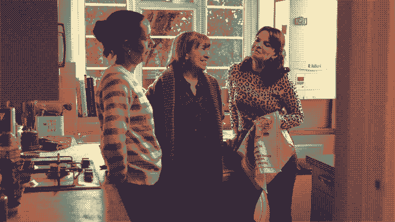 Amy, Birdie, and Rosie chat in the kitchen