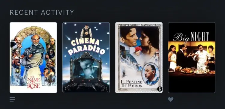 a screenshot of my recent activity on letterboxd. the movies are the name of the rose, cinema paradiso, il postino, and big night.