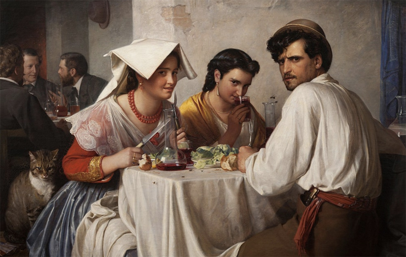 the painting 'in a roman osteria'. three customers at a restaurant pause mid-meal to look towards the viewer.