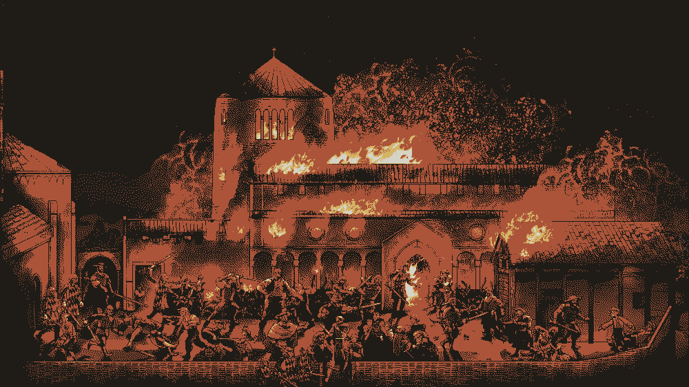 Fire engulfs the abbey.